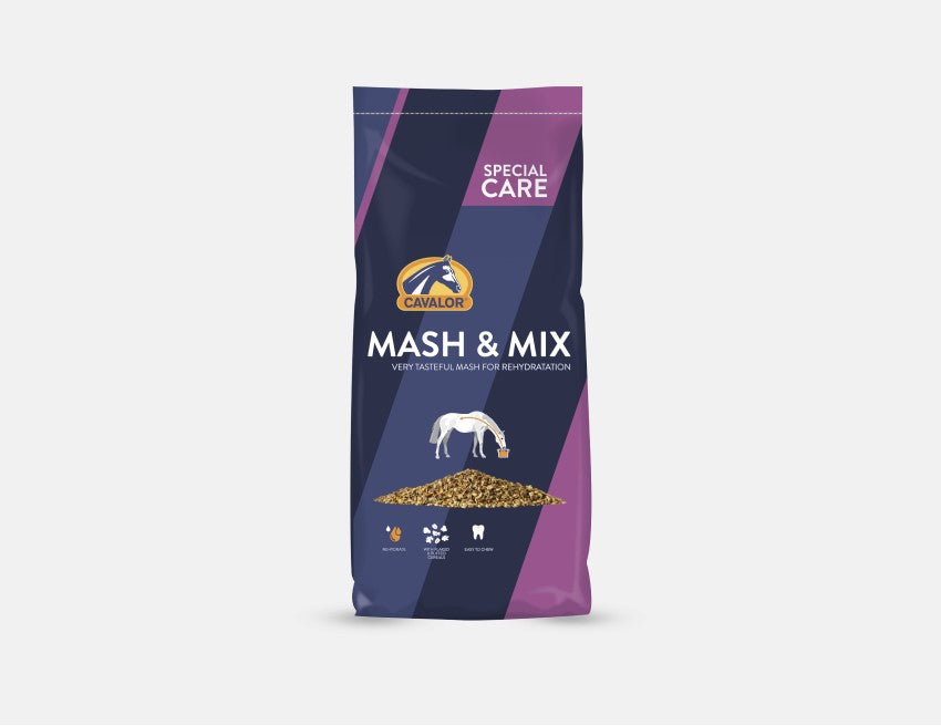 Cavalor Mash & Mix - пълноценен фураж за коне. Лесно смилаем , изключително подходяща за периода на възстановяване след тежко натоварване, при зимни условия, през преходните сезони между състезателните сезони-15кг.